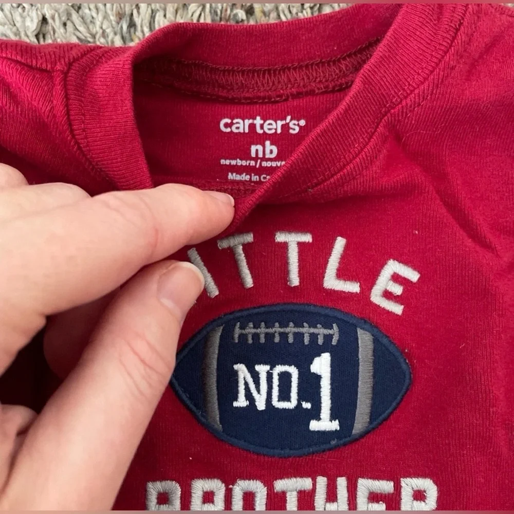 No. 1 Little Brother Football Red & White Long Sleeve Newborn Onesie